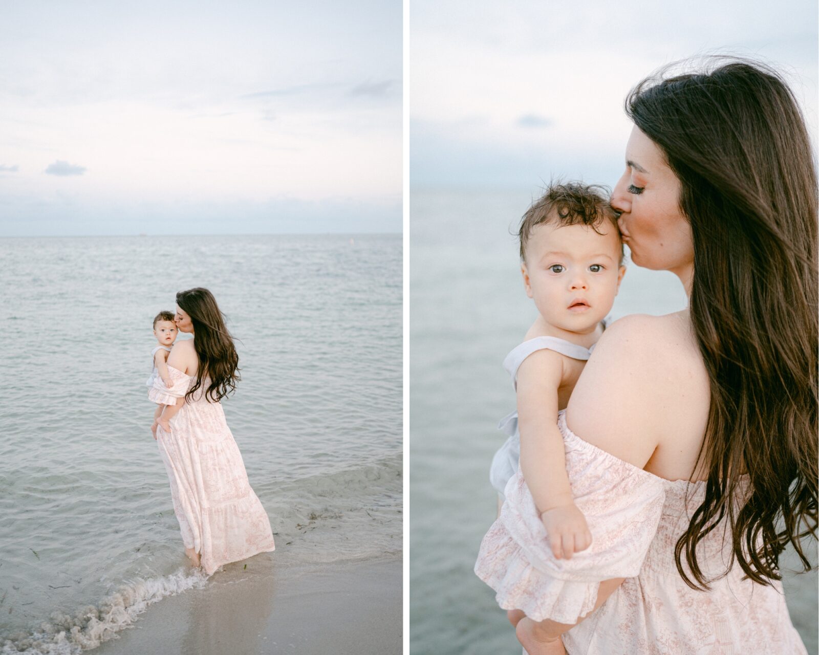 Beach Family Photos in Key Biscayne, mom kissing her baby boy in the water
