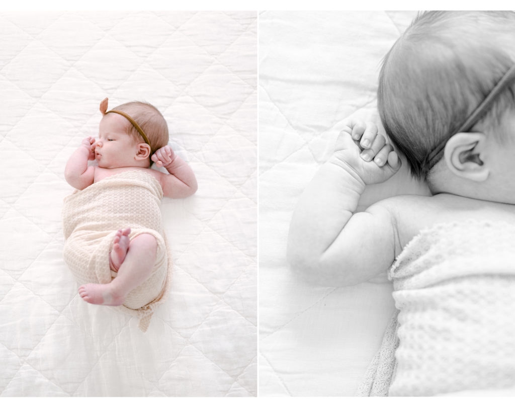Lifestyle Newborn Portrait and details of baby on the bed