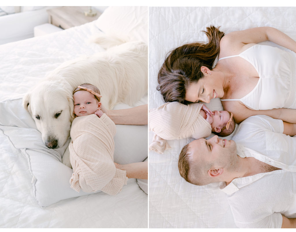 Newborn with dog on the bed upside down, lifestyle newborn session in Fort Lauderdale, FL