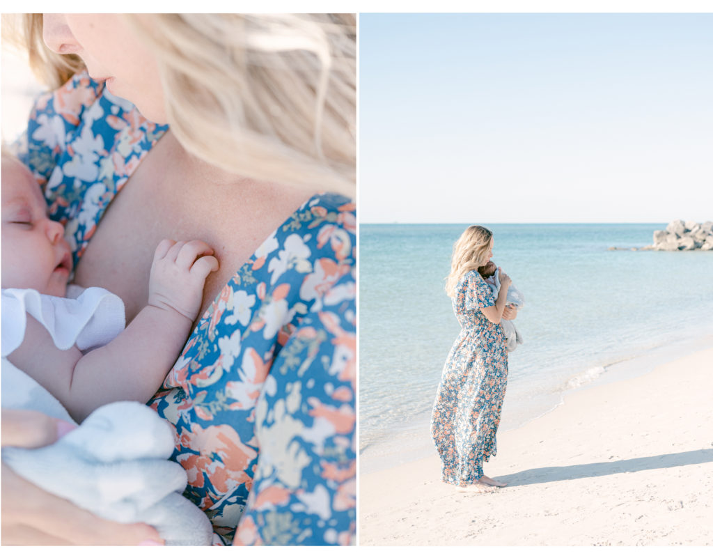 Sweet moments between a mom and her baby on the beach during family photos
