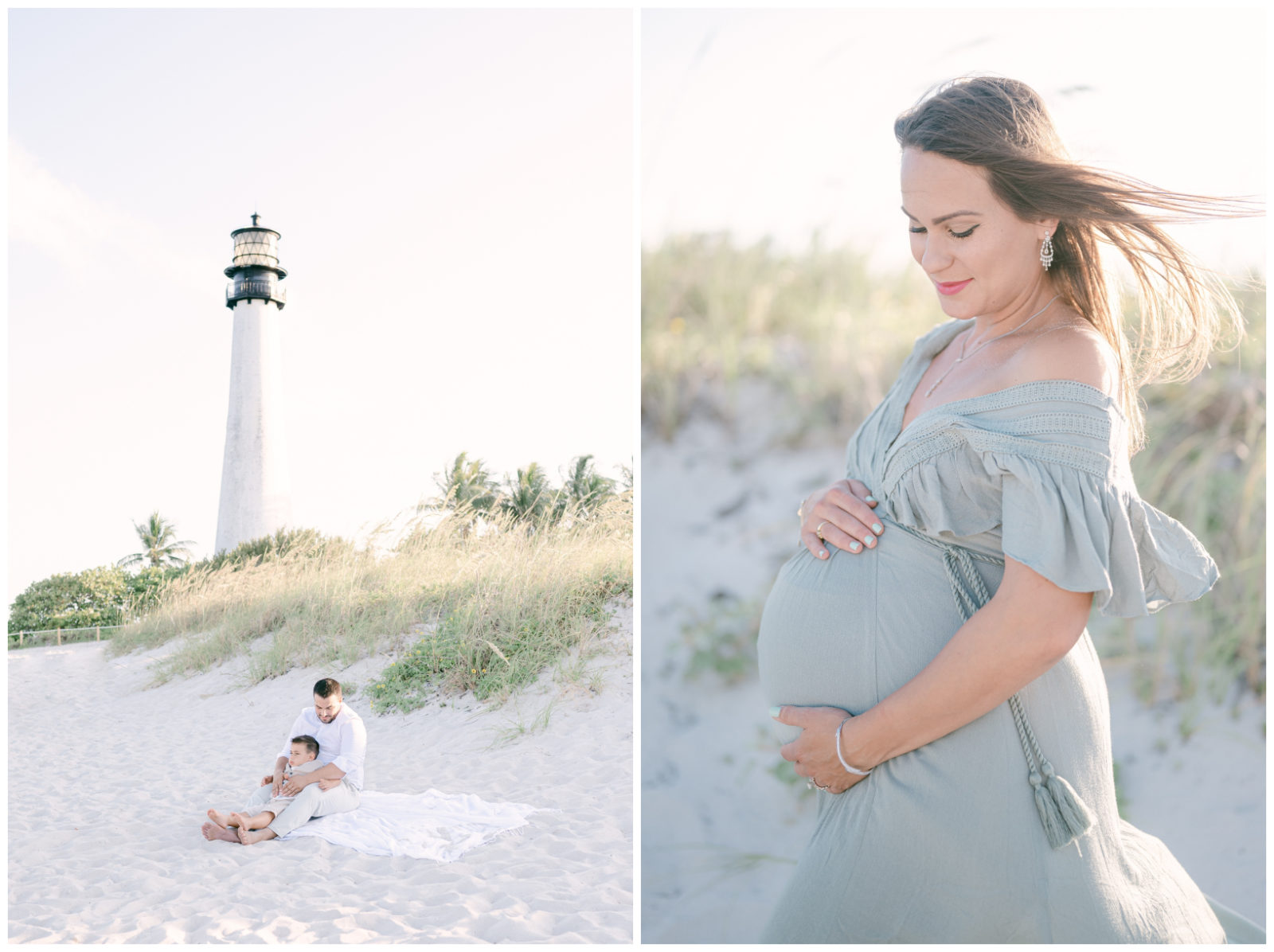 collage of a mom with baby bump and dad with their other son on the beach