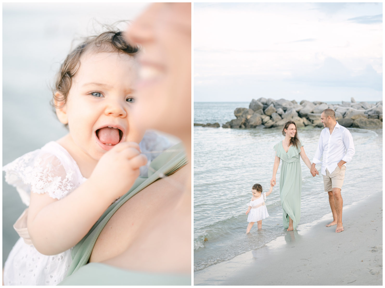 Mom and baby snuggling on the beach 1 year milestone session