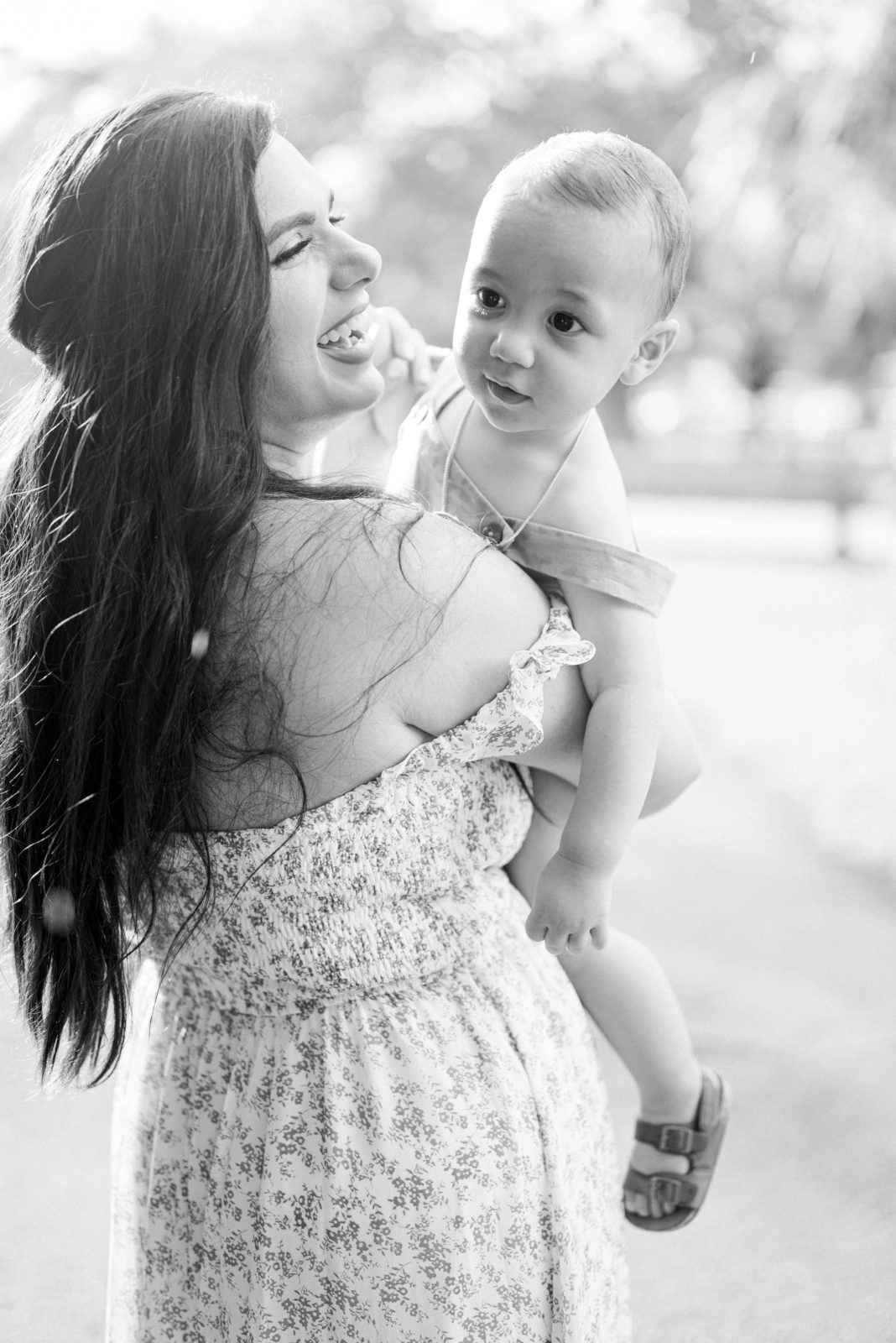 Beautiful black and white portrait of mom and her baby