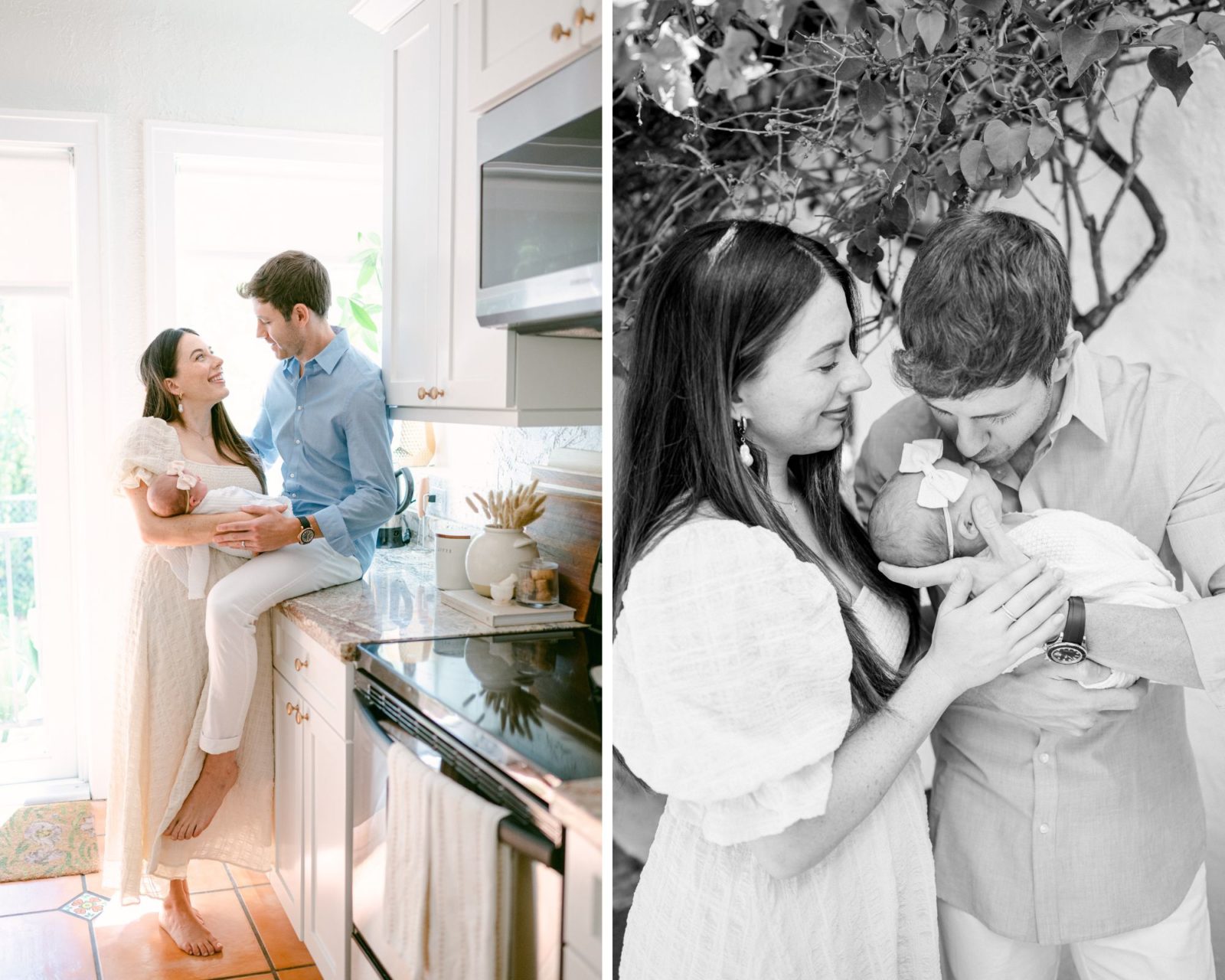 Dreamy at home newborn session featuring Dad and mom in love with their baby in the kitchen