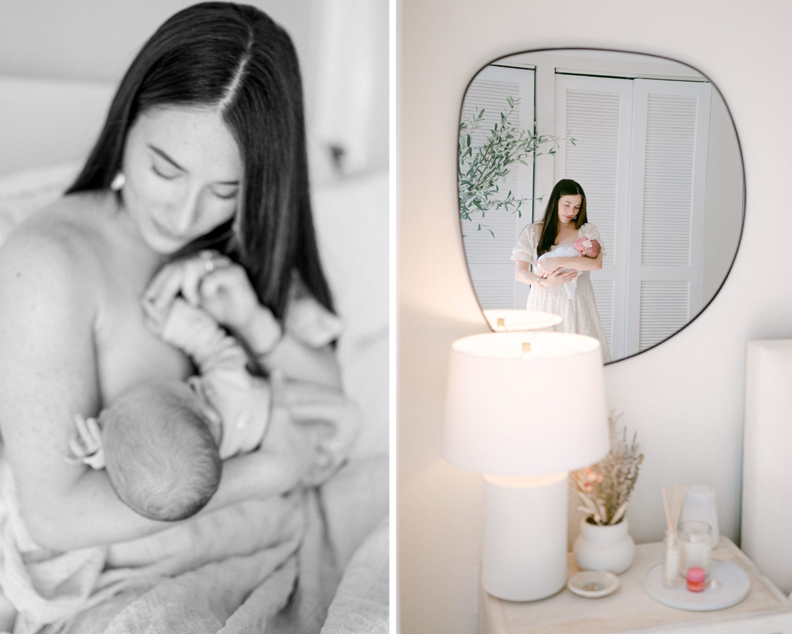 Dreamy at home session showing Mom nursing her newborn 