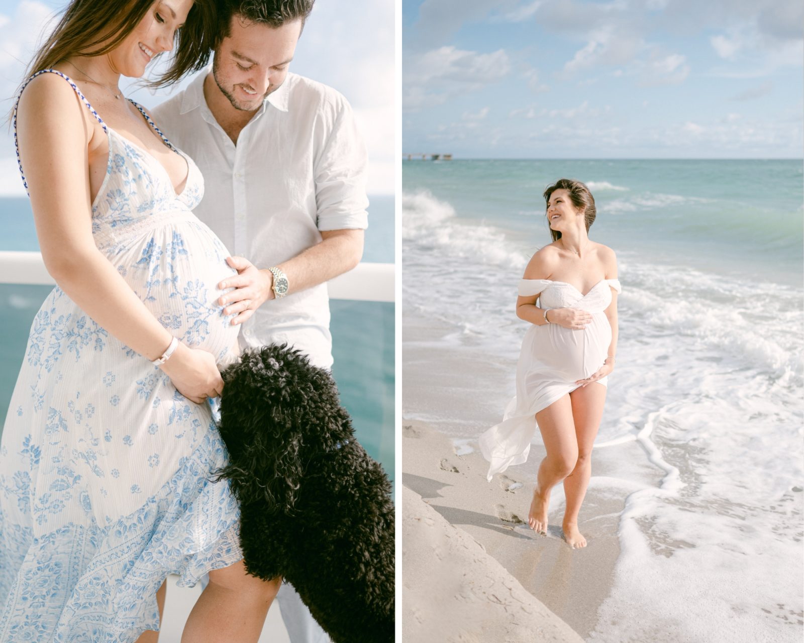 Maternity photos in Bal Harbour Beach with their family dog
