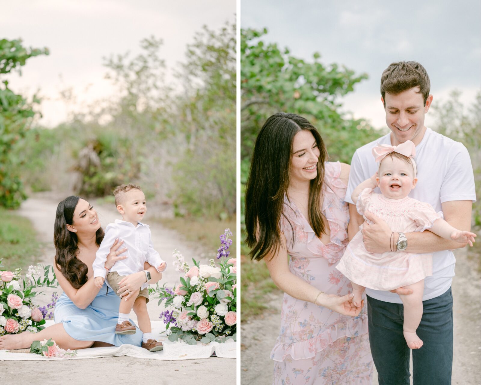 Family enjoying their Miami Motherhood minis sessions with flowers 