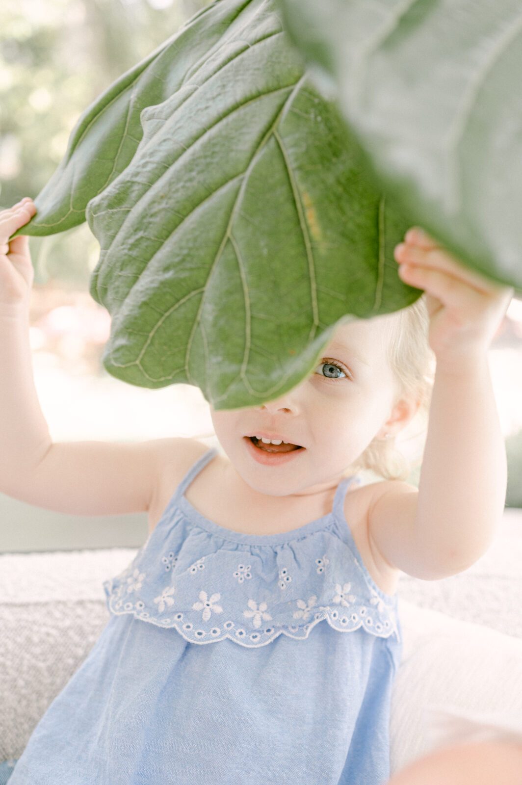 Portrait of a toddler girl with blue eyes playing with a big leaf, from a Miami Family photographer