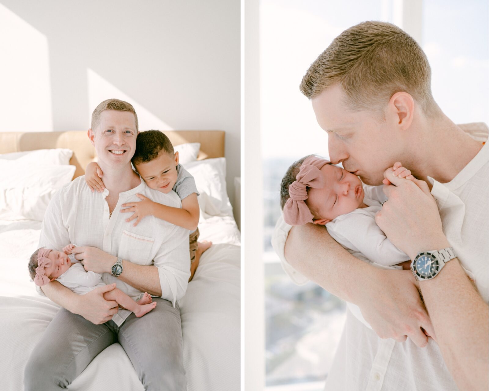 Happy dad with his two children during his Miami newborn photoshoot