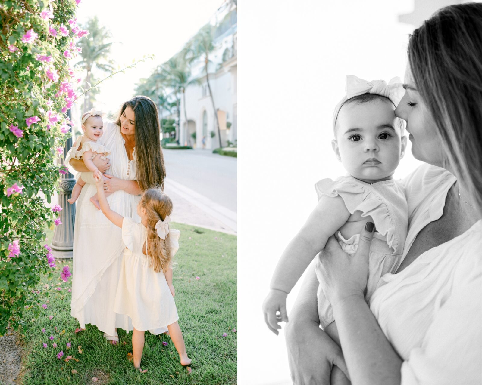 Mom snuggling with her daughter in a green area with flowers during her Miami family photoshoot