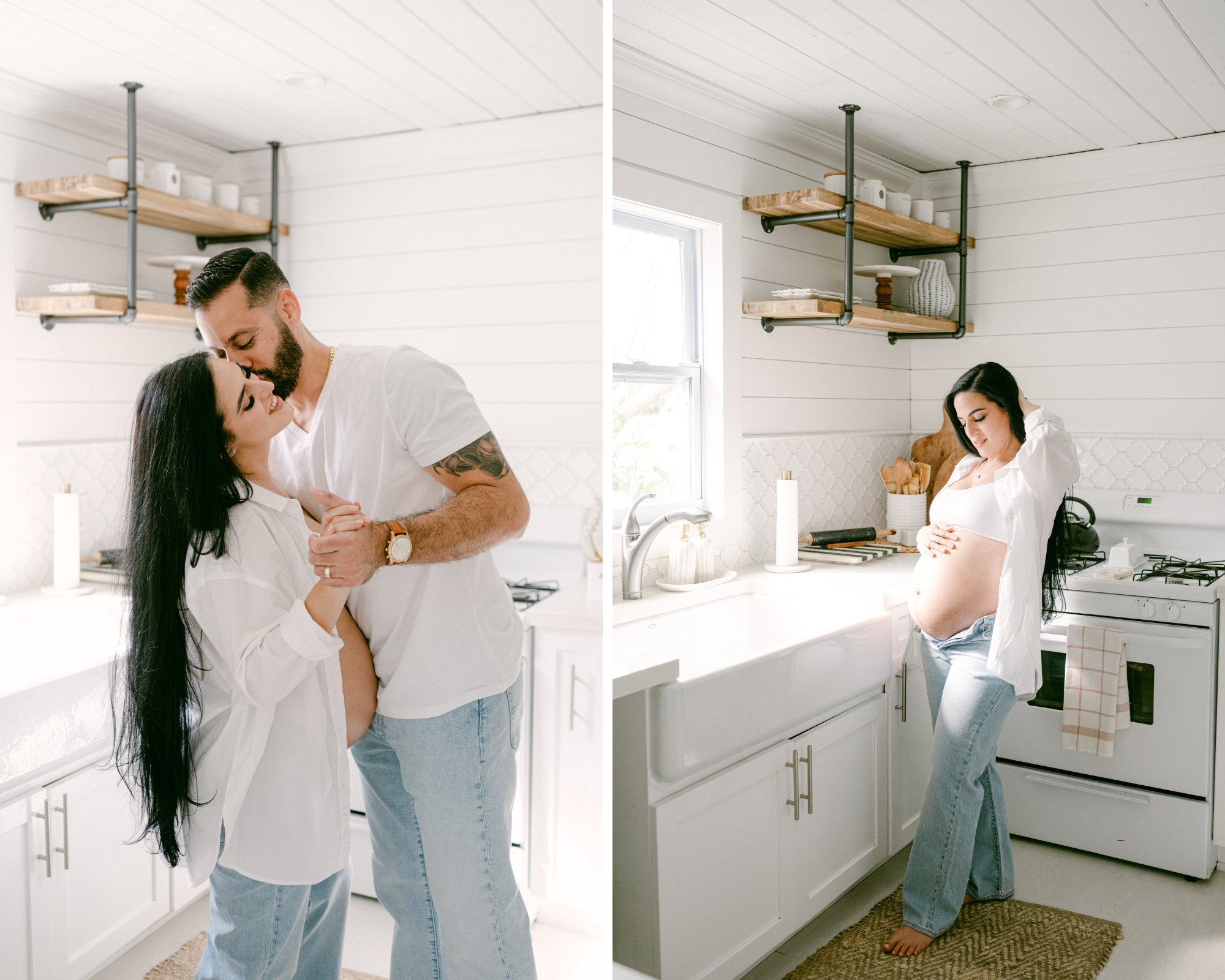 Pregnant couple dancing in the kitchen in a white cottage