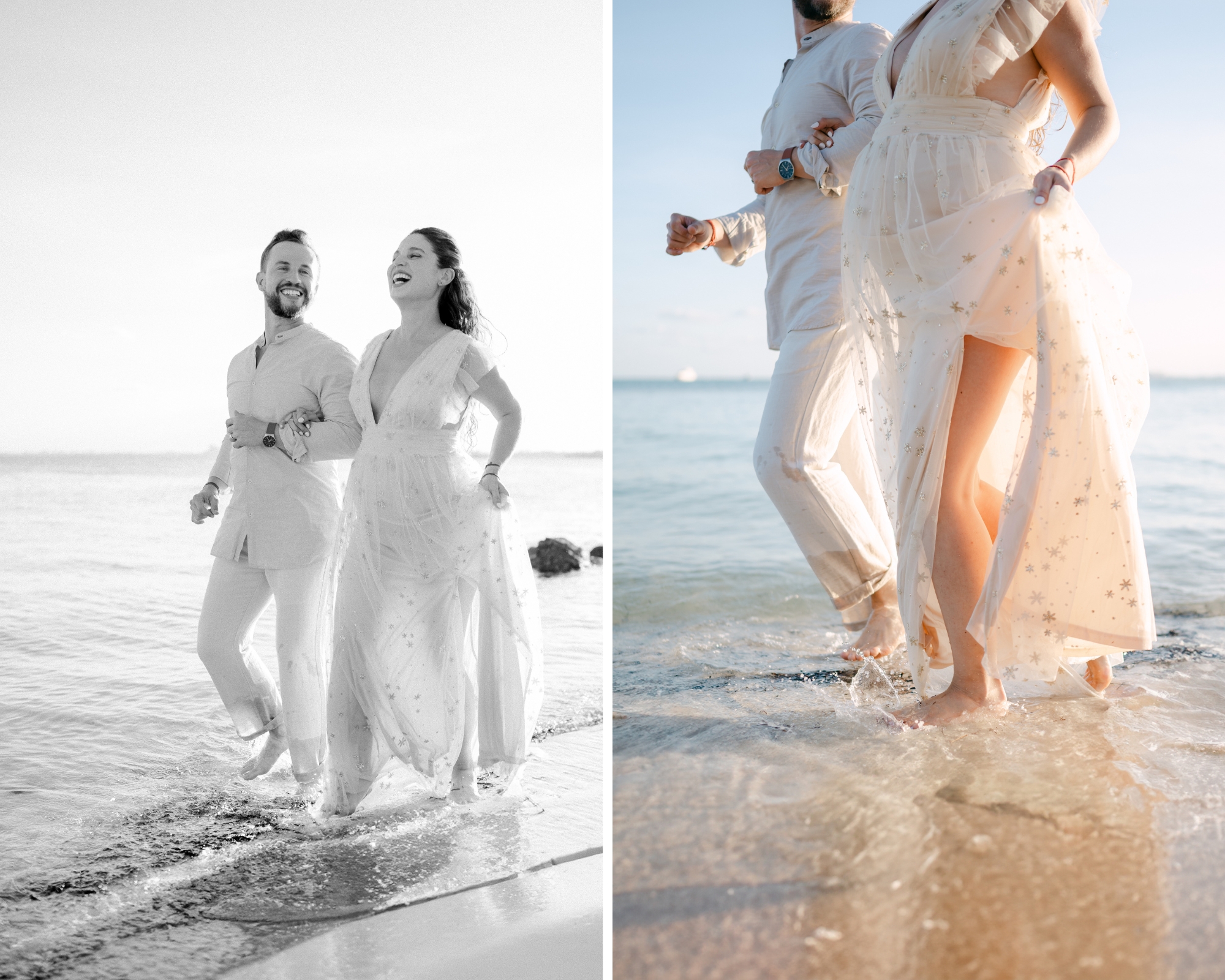 Couple running in the water in Miami Beach