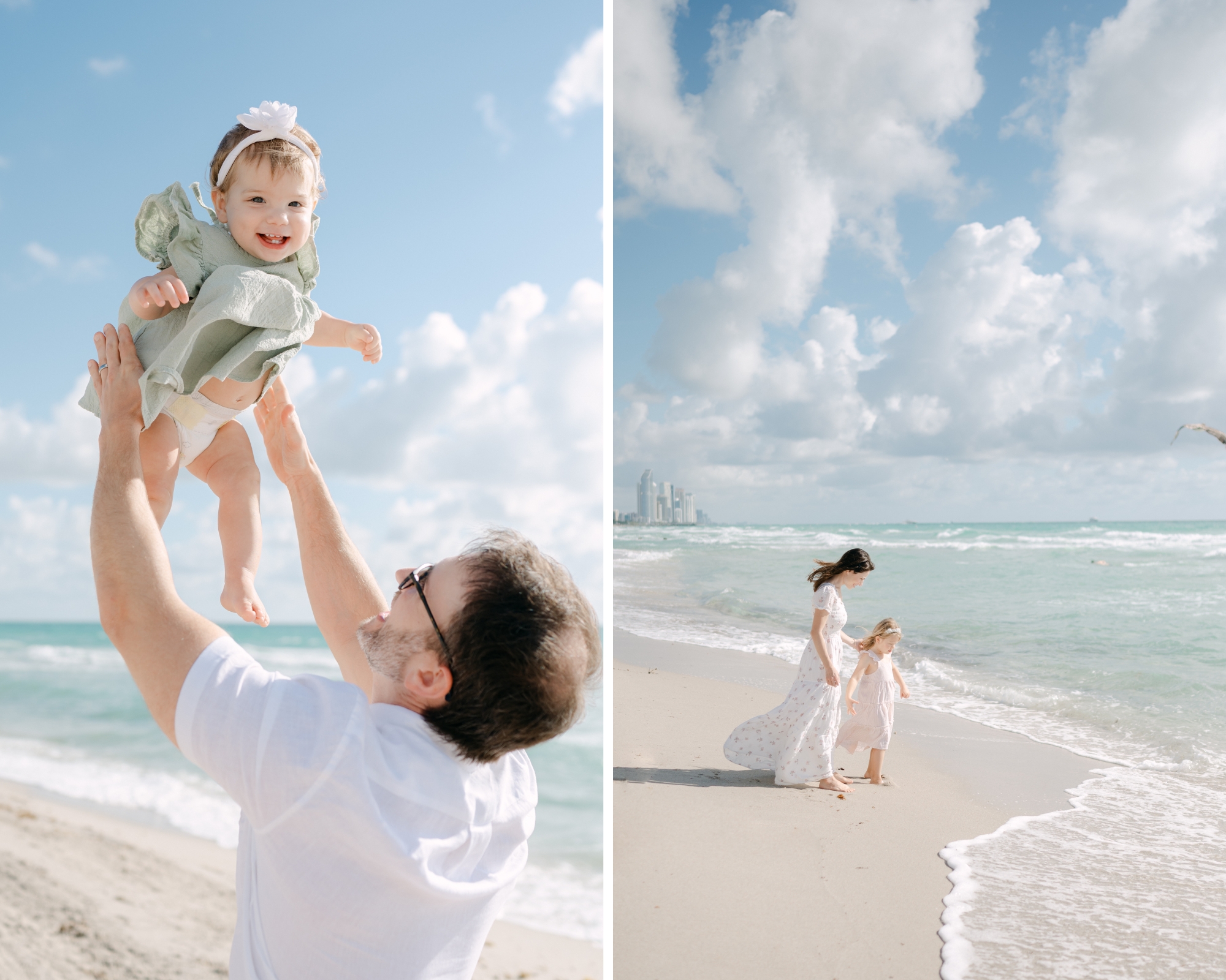 Dad throwing baby in the air during his Miami family photoshoot at the beach