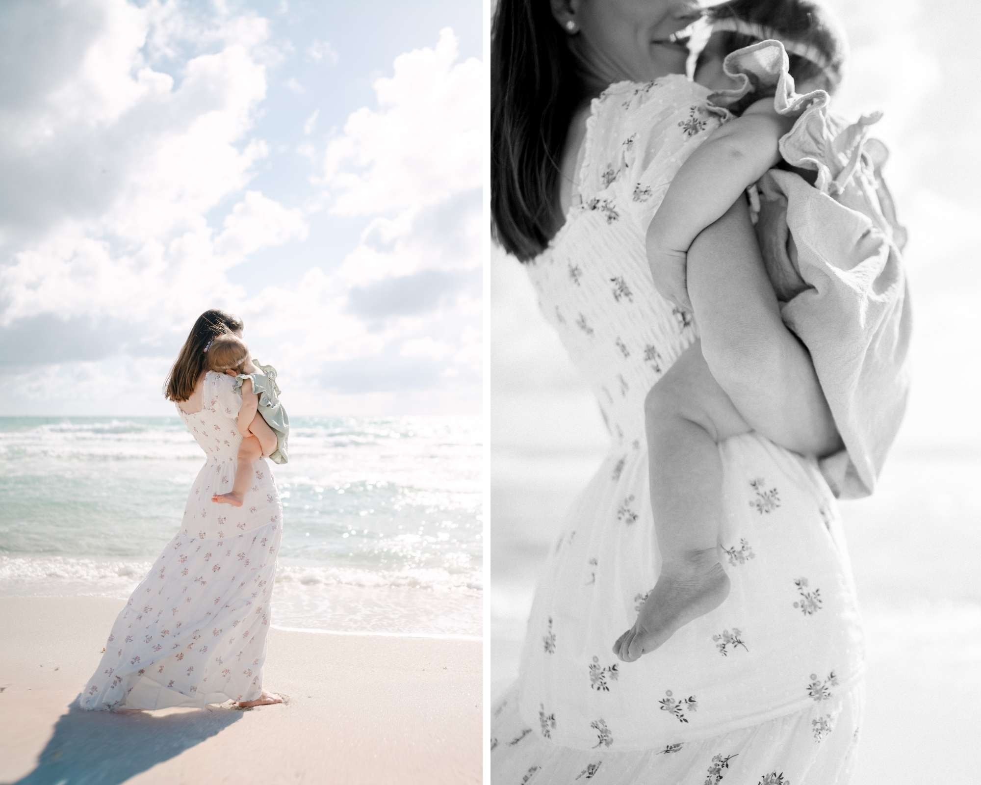 Mom snuggling with her baby at the beach