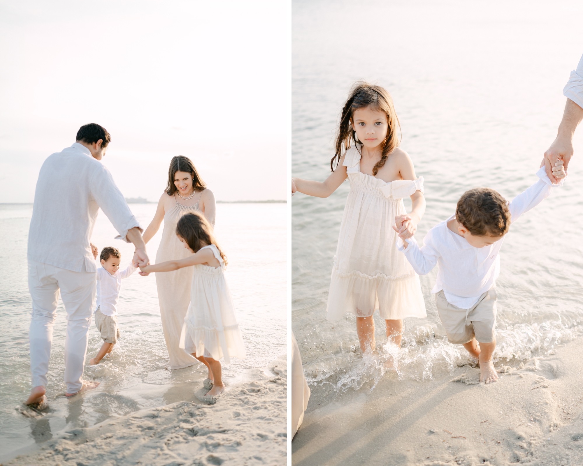 Family playing ring around the rosie at the beach during sunset