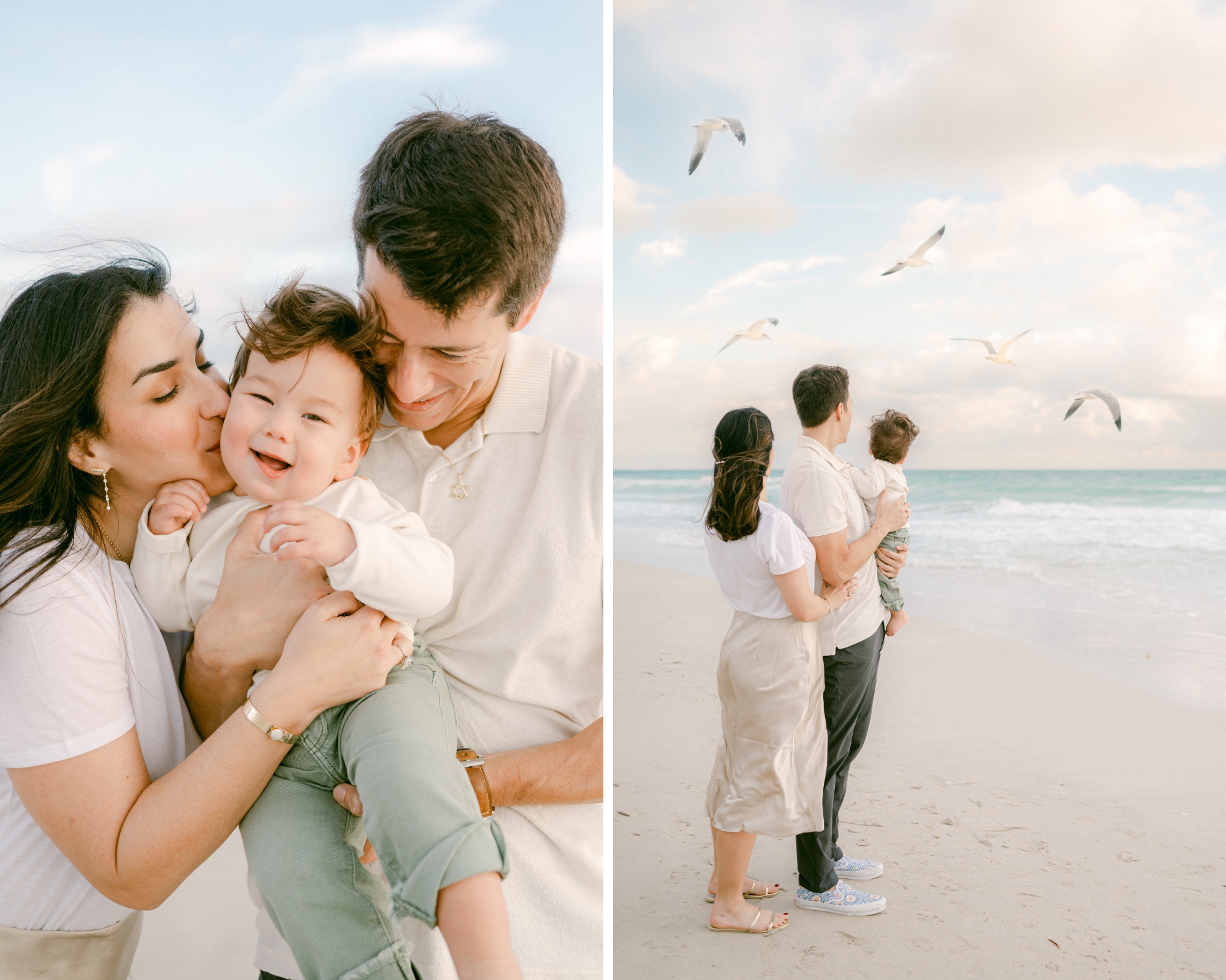 Miami family photos at the beach with birds flying