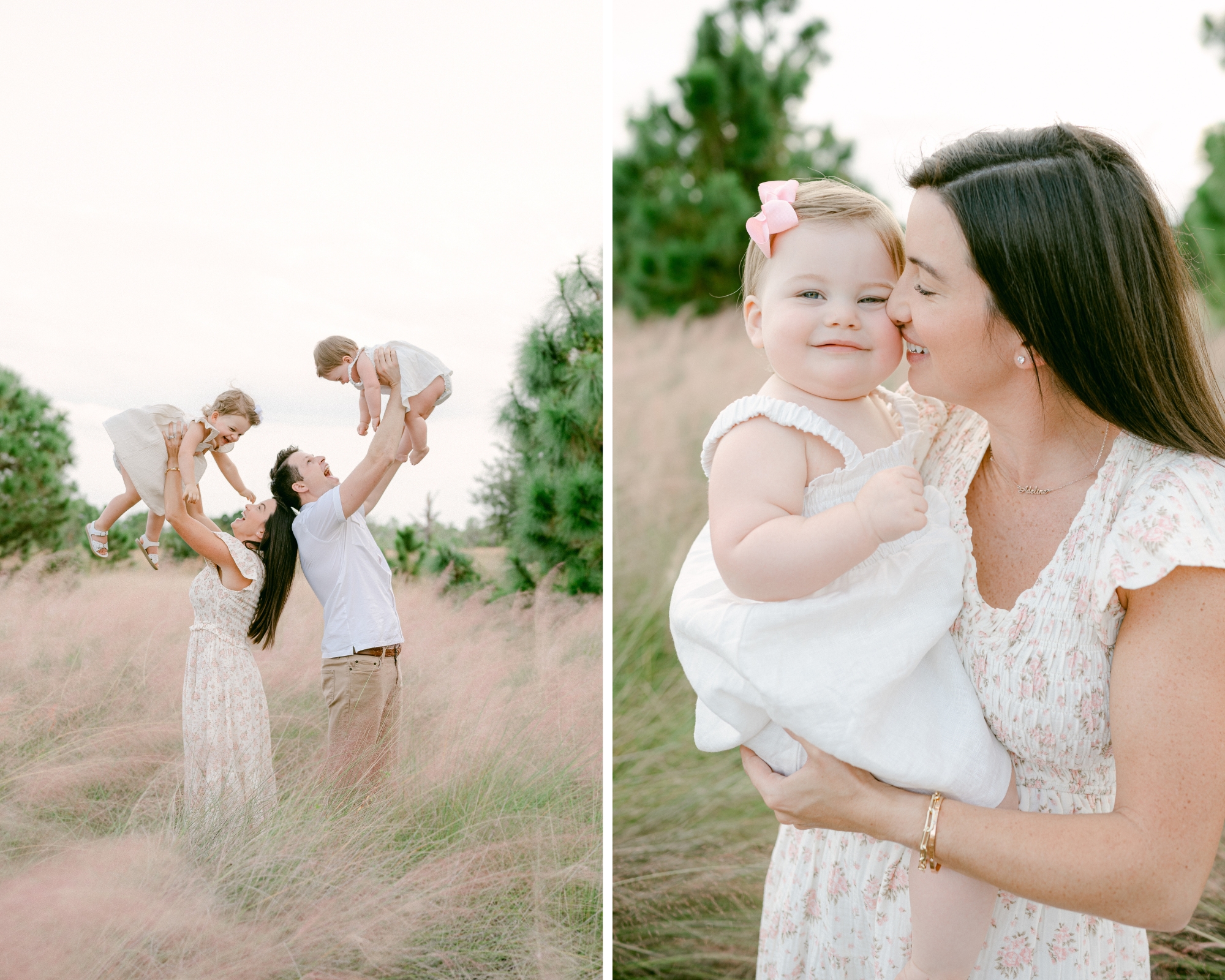 Family photos in park with pink grass