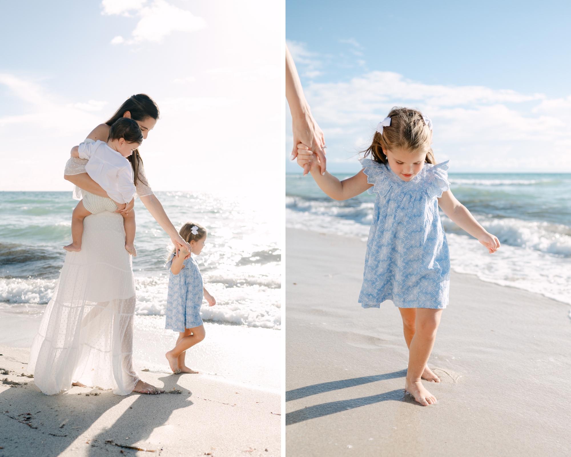 Mom and her kids walking on the beach