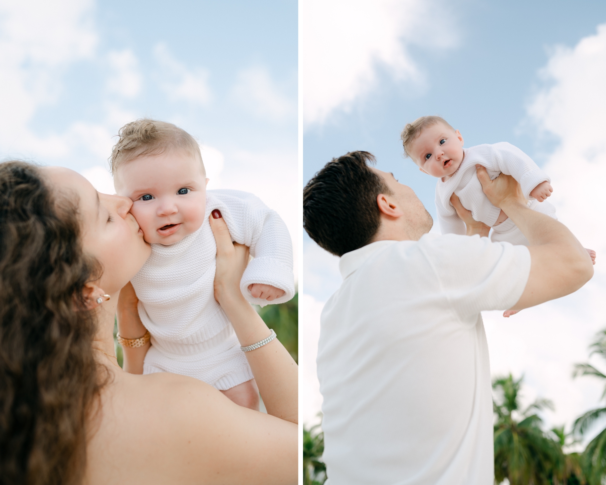 Throwing baby in the air with palm trees background