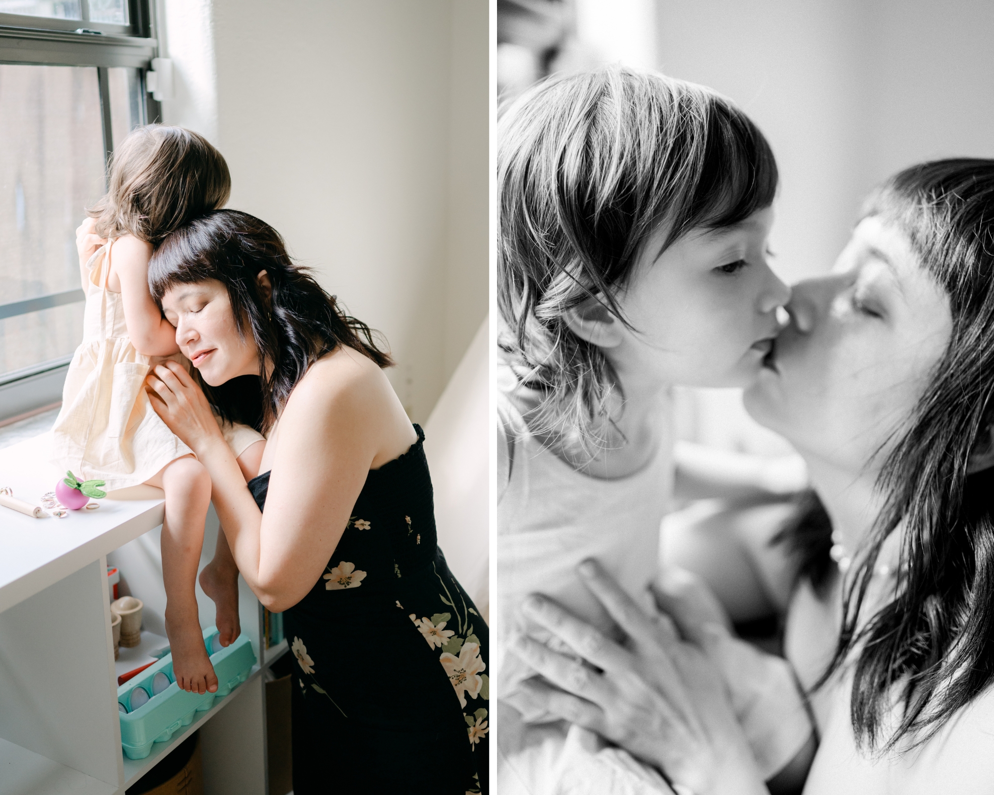 Mom cuddling with her daughter at home during family photoshoot