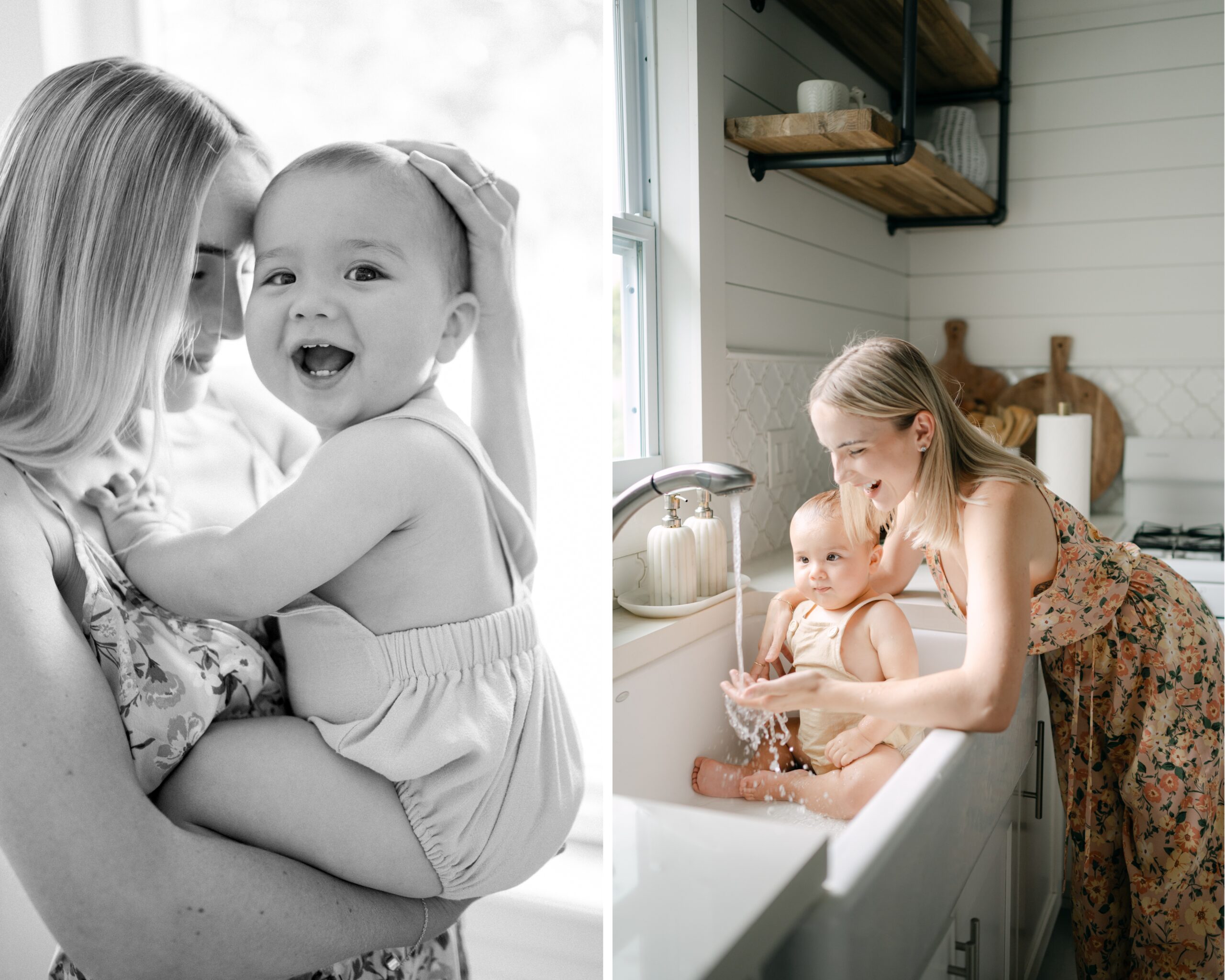 Baby playing in the sink with his mom during Miami family photos