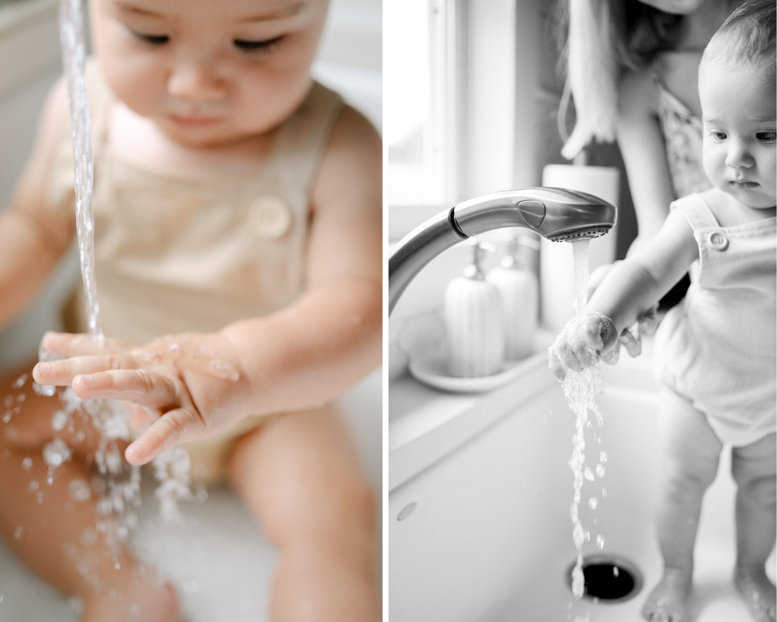 Details of a baby playing in the sink 