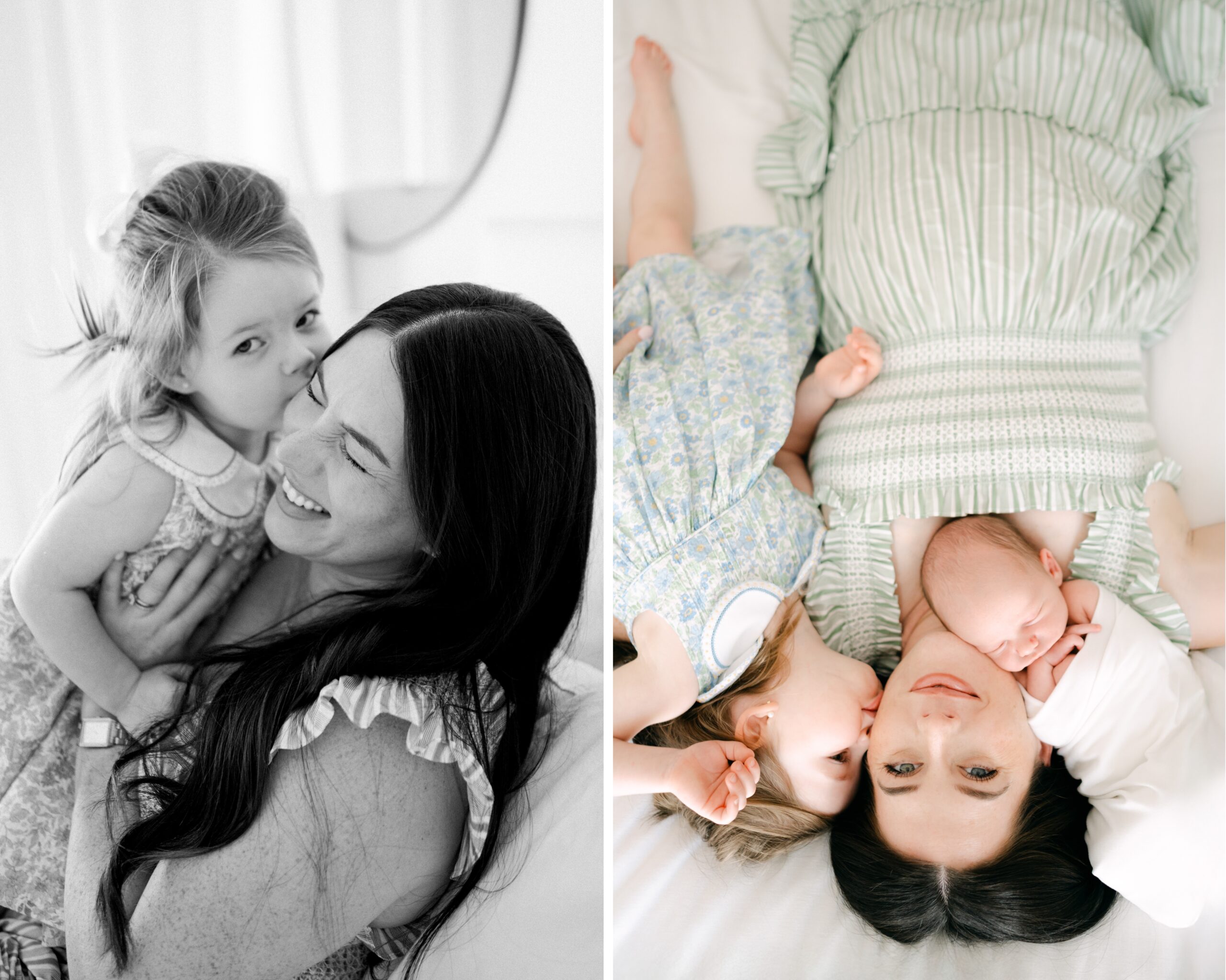 Mom laying down on bed with her two babies in Miami