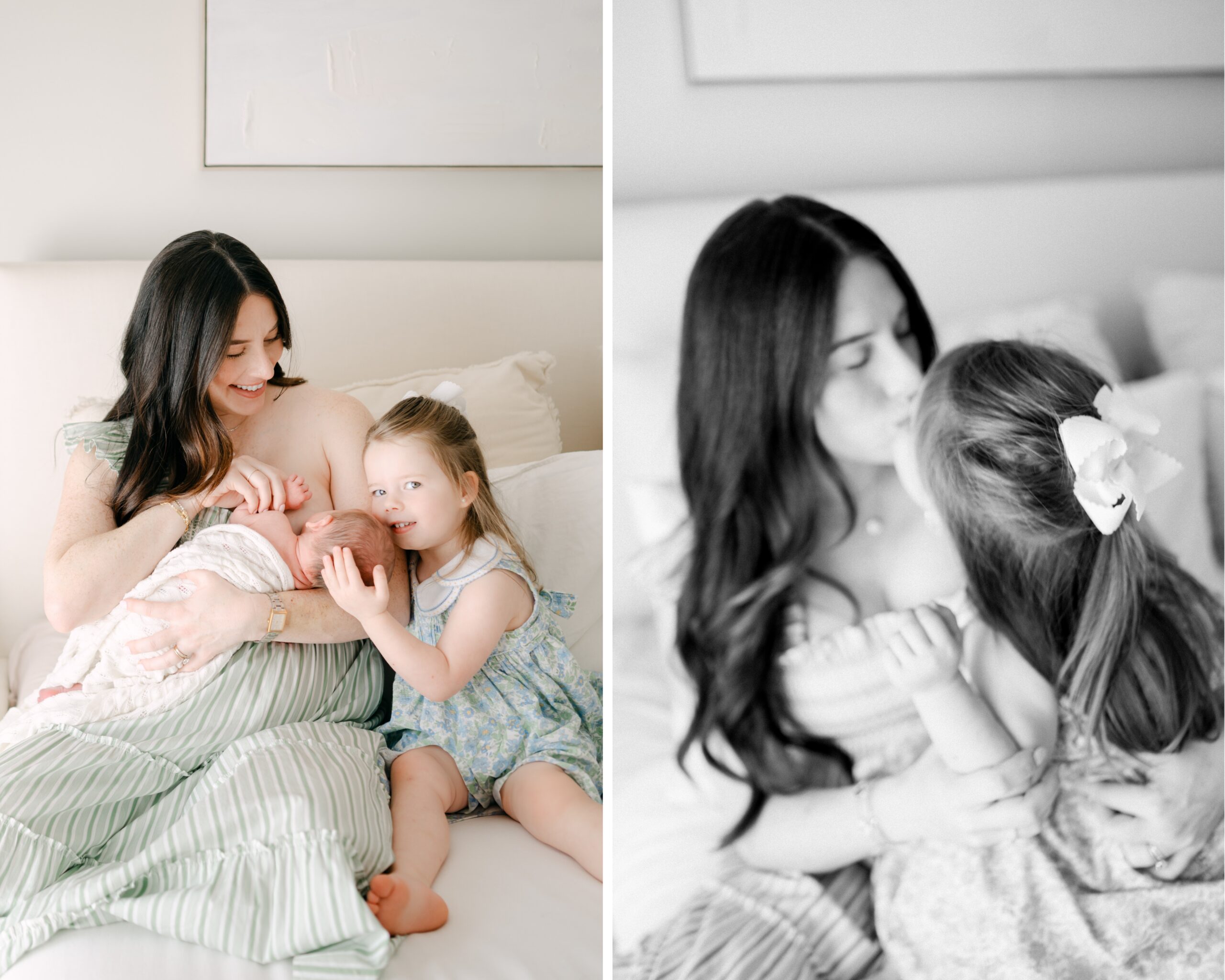 Mom nursing baby with toddler next to her