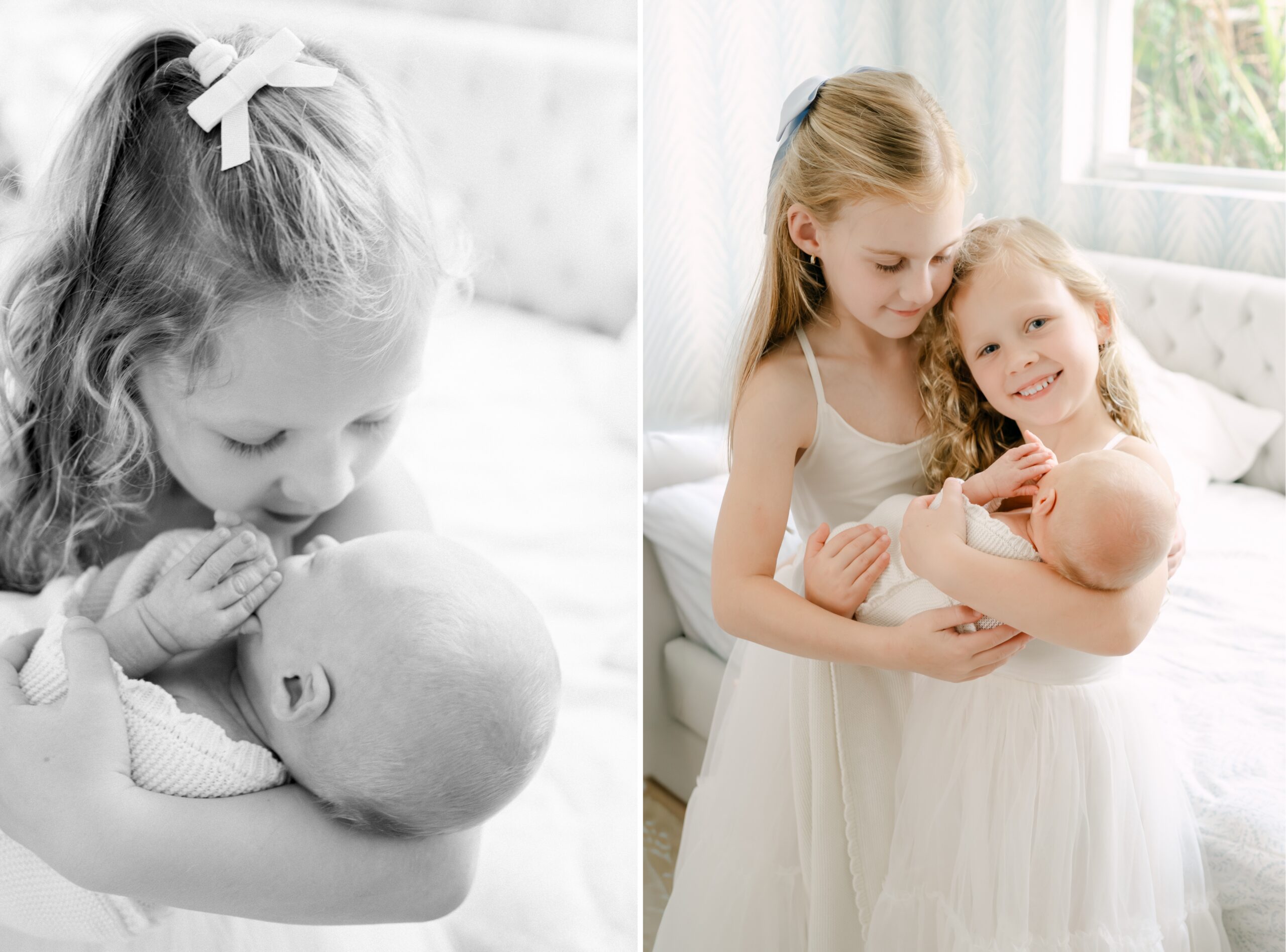 Big sisters kissing baby brother during newborn session siblings Miami