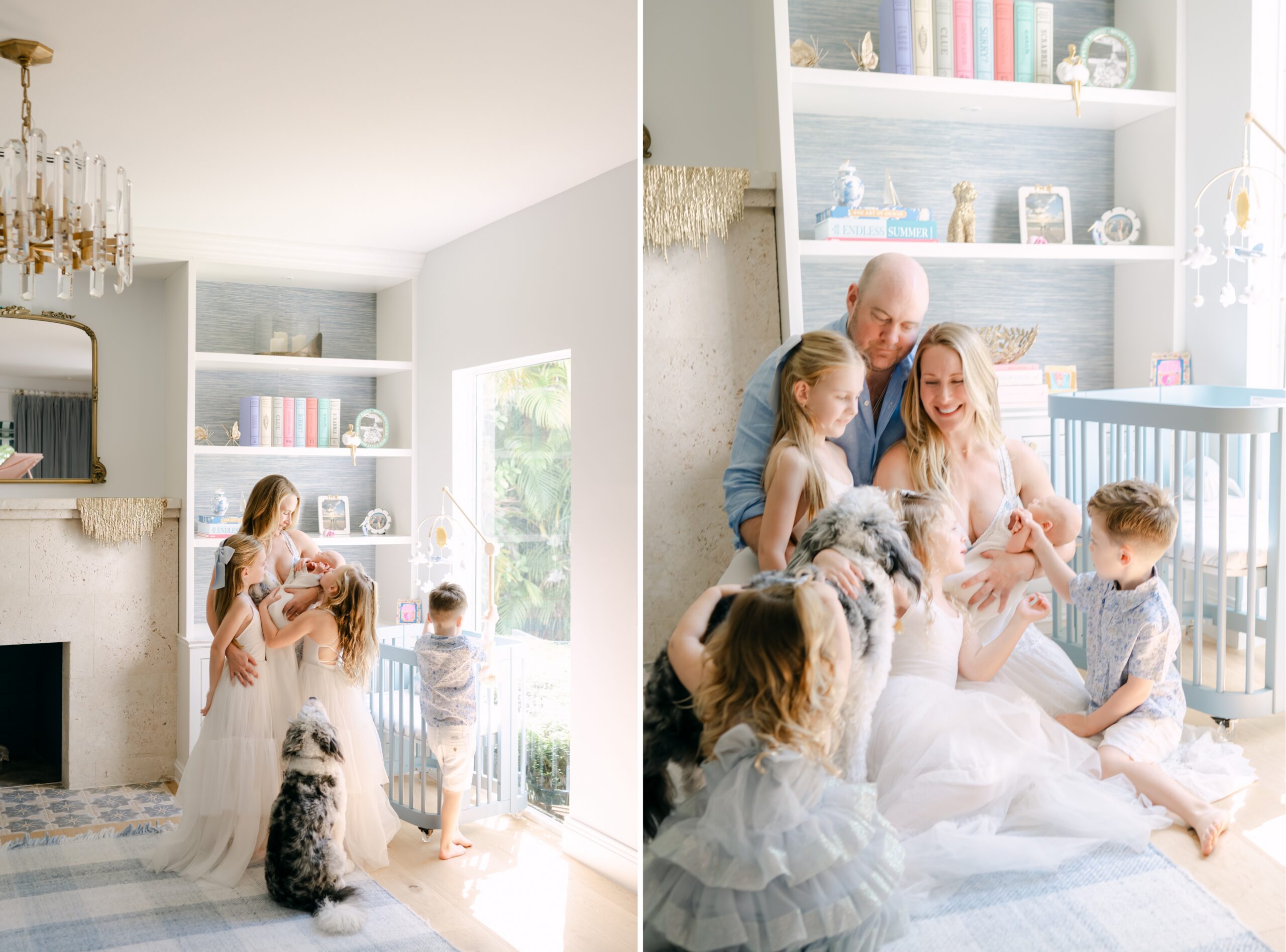 Newborn session with siblings Miami parents and five kids laughing