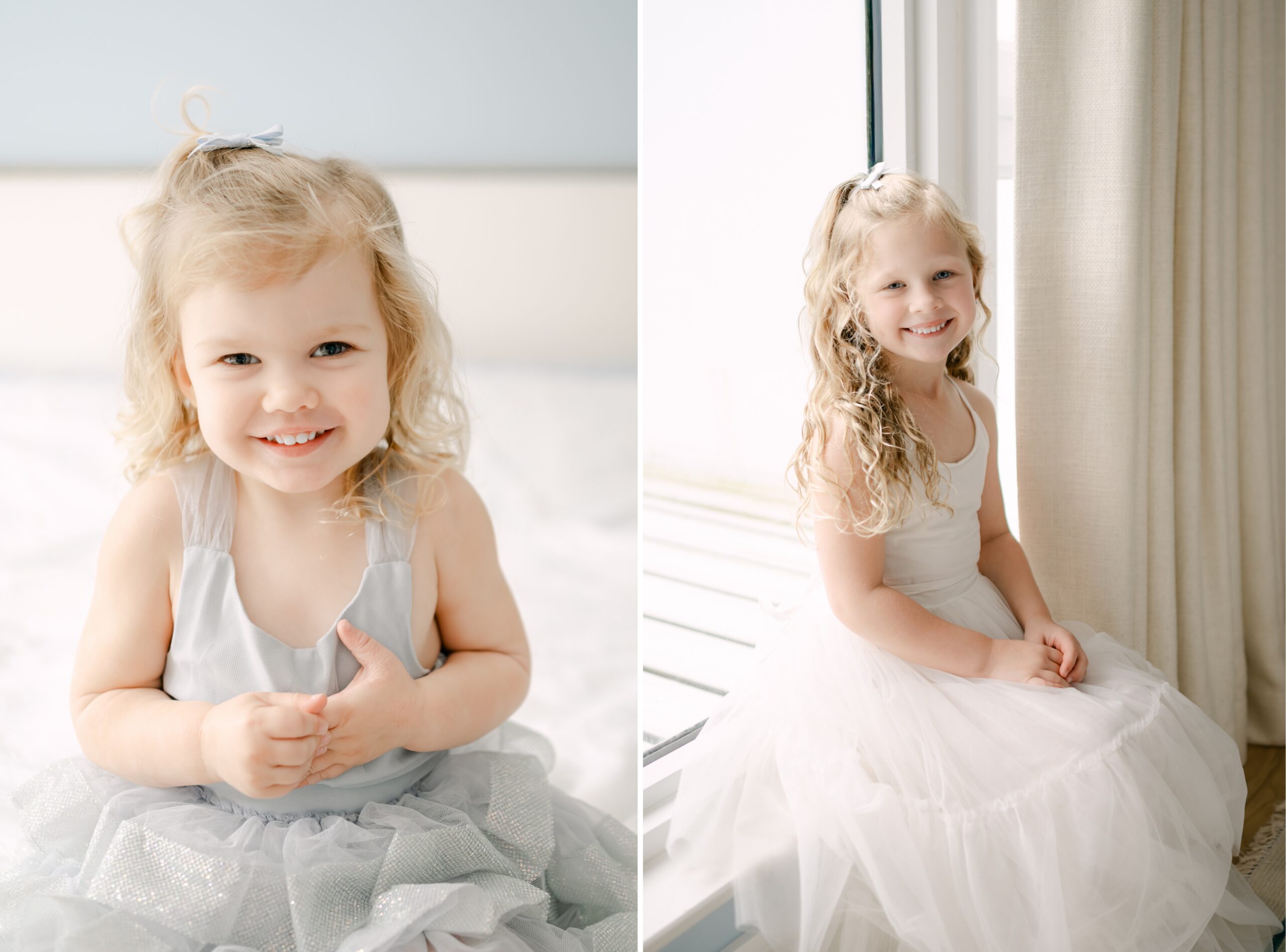 Big sisters smiling during newborn session with siblings Miami